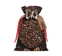 Burlap Santa Sack with Tags, Red Ribbon Holiday Gift Wrap Bag Reusable Drawstring Christmas Gift Bag Coffee bean owl Gift Wrapping Bags Personalized Xmas Sacks for Presents Small
