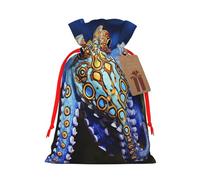 Burlap Santa Sack with Tags, Red Ribbon Holiday Gift Wrap Bag Reusable Drawstring Christmas Gift Bag Blue Ringed Octopus Gift Wrapping Bags Personalized Xmas Sacks for Presents Medium