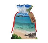 Burlap Santa Sack with Tags, Red Ribbon Holiday Gift Wrap Bag Reusable Drawstring Christmas Gift Bag Tropical Palm Tree Hawaii Beach Gift Wrapping Bags Personalized Xmas Sacks for Presents Small