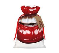 Burlap Santa Sack with Tags, Red Ribbon Holiday Gift Wrap Bag Reusable Drawstring Christmas Gift Bag Cute Graphic Red Lips Gift Wrapping Bags Personalized Xmas Sacks for Presents Small