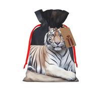 Burlap Santa Sack with Tags, Red Ribbon Holiday Gift Wrap Bag Reusable Drawstring Christmas Gift Bag Tiger sitting on rock animal Gift Wrapping Bags Personalized Xmas Sacks for Presents Medium