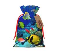 Burlap Santa Sack with Tags, Red Ribbon Holiday Gift Wrap Bag Reusable Drawstring Christmas Gift Bag Tropical Ocean Sea Fish Gift Wrapping Bags Personalized Xmas Sacks for Presents Small