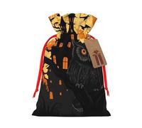Burlap Santa Sack with Tags, Red Ribbon Holiday Gift Wrap Bag Reusable Drawstring Christmas Gift Bag Black Tree Owl Pumpkin Head Castle Gift Wrapping Bags Personalized Xmas Sacks for Presents Medium