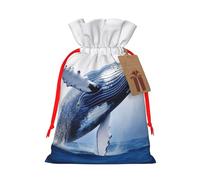 Burlap Santa Sack with Tags, Red Ribbon Holiday Gift Wrap Bag Reusable Drawstring Gift Bag Blue Ocean Whale Gift Wrapping Bags Personalized Christmas Sacks for Presents Medium