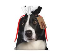 Burlap Santa Sack with Tags, Red Ribbon Holiday Gift Wrap Bag Reusable Drawstring Gift Bag Border Collie Gift Wrapping Bags Personalized Christmas Sacks for Presents Medium