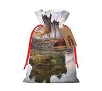 Burlap Santa Sack with Tags, Red Ribbon Holiday Gift Wrap Bag Reusable Drawstring Gift Bag Castle Near Lake Stones Gift Wrapping Bags Personalized Christmas Sacks for Presents Medium