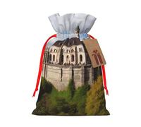 Burlap Santa Sack with Tags, Red Ribbon Holiday Gift Wrap Bag Reusable Drawstring Gift Bag Historical monuments of Armenia Gift Wrapping Bags Personalized Christmas Sacks for Presents Medium