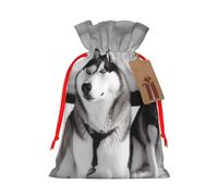 Burlap Santa Sack with Tags, Red Ribbon Holiday Gift Wrap Bag Reusable Drawstring Gift Bag Husky dogs snow Gift Wrapping Bags Personalized Christmas Sacks for Presents Medium