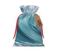 Burlap Santa Sack with Tags, Red Ribbon Holiday Gift Wrap Bag Reusable Drawstring Gift Bag Ocean Waves Gift Wrapping Bags Personalized Christmas Sacks for Presents Medium