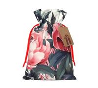 Burlap Santa Sack with Tags, Red Ribbon Holiday Gift Wrap Bag Reusable Drawstring Gift Bag Peonies Spring Gift Wrapping Bags Personalized Christmas Sacks for Presents Medium