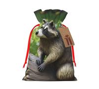 Burlap Santa Sack with Tags, Red Ribbon Holiday Gift Wrap Bag Reusable Drawstring Gift Bag Raccoon Statue Gift Wrapping Bags Personalized Christmas Sacks for Presents Medium