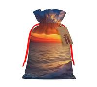 Burlap Santa Sack with Tags, Red Ribbon Holiday Gift Wrap Bag Reusable Drawstring Gift Bag Sea and sunset Gift Wrapping Bags Personalized Christmas Sacks for Presents Small
