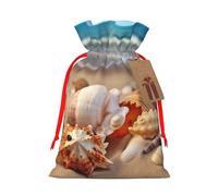 Burlap Santa Sack with Tags, Red Ribbon Holiday Gift Wrap Bag Reusable Drawstring Gift Bag Seashells on the sandy beach Gift Wrapping Bags Personalized Christmas Sacks for Presents Medium