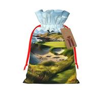 Burlap Santa Sack with Tags, Red Ribbon Holiday Gift Wrap Bag Reusable Drawstring Gift Bag Seaside Golf Course Gift Wrapping Bags Personalized Christmas Sacks for Presents Medium