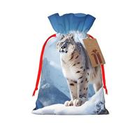 Burlap Santa Sack with Tags, Red Ribbon Holiday Gift Wrap Bag Reusable Drawstring Gift Bag Snow Leopard Mountain Gift Wrapping Bags Personalized Christmas Sacks for Presents Medium