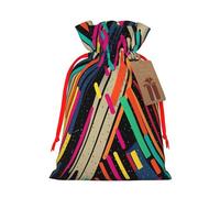 Burlap Santa Sack with Tags, Red Ribbon Holiday Gift Wrap Bag Reusable Drawstring Gift Bag Striped Abstract Colorful Gift Wrapping Bags Personalized Christmas Sacks for Presents Small