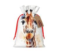 Burlap Santa Sack with Tags, Red Ribbon Holiday Gift Wrap Bag Reusable Drawstring Gift Bag Stylish Animal Watercolor Giraffe Gift Wrapping Bags Personalized Christmas Sacks for Presents Small