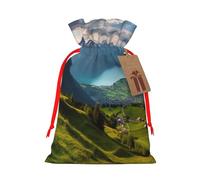 Burlap Santa Sack with Tags, Red Ribbon Holiday Gift Wrap Bag Reusable Drawstring Gift Bag Switzerland Alps Gift Wrapping Bags Personalized Christmas Sacks for Presents Medium