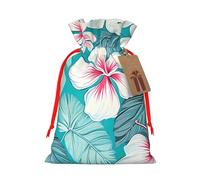 Burlap Santa Sack with Tags, Red Ribbon Holiday Gift Wrap Bag Reusable Drawstring Gift Bag Tropical Hibiscus Flowers Gift Wrapping Bags Personalized Christmas Sacks for Presents Medium