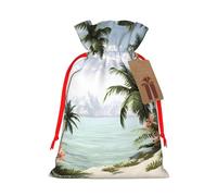 Burlap Santa Sack with Tags, Red Ribbon Holiday Gift Wrap Bag Reusable Drawstring Gift Bag Tropical Palm Trees Gift Wrapping Bags Personalized Christmas Sacks for Presents Medium