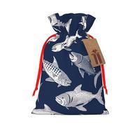 Burlap Santa Sack with Tags, Red Ribbon Holiday Gift Wrap Bag Reusable Drawstring Gift Bag Various Sea Fish Pattern Gift Wrapping Bags Personalized Christmas Sacks for Presents Medium