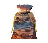 Burlap Santa Sack with Tags, Yellow Christmas Ribbon Holiday Gift Wrap Bag Reusable Drawstring Christmas Gift Bag Beach Maui Hawaii Sunset Sea Waves Clouds Gift Wrapping Bags Personalized Xmas Sacks