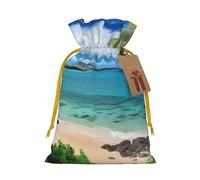 Burlap Santa Sack with Tags, Yellow Christmas Ribbon Holiday Gift Wrap Bag Reusable Drawstring Christmas Gift Bag Tropical Palm Tree Hawaii Beach Gift Wrapping Bags Personalized Xmas Sacks for