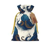 Burlap Santa Sack with Tags, Yellow Christmas Ribbon Holiday Gift Wrap Bag Reusable Drawstring Christmas Gift Bag Tentacles octopus Gift Wrapping Bags Personalized Xmas Sacks for Presents Small