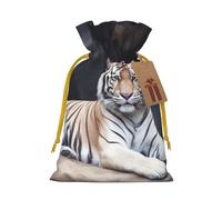 Burlap Santa Sack with Tags, Yellow Christmas Ribbon Holiday Gift Wrap Bag Reusable Drawstring Christmas Gift Bag Tiger sitting on rock animal Gift Wrapping Bags Personalized Xmas Sacks for Presents
