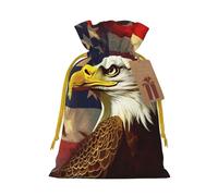 Burlap Santa Sack with Tags, Yellow Christmas Ribbon Holiday Gift Wrap Bag Reusable Drawstring Christmas Gift Bag American USA Flag Eagle Art Gift Wrapping Bags Personalized Xmas Sacks for Presents
