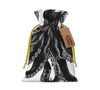 Burlap Santa Sack with Tags, Yellow Christmas Ribbon Holiday Gift Wrap Bag Reusable Drawstring Christmas Gift Bag Classic Black Octopus Gift Wrapping Bags Personalized Xmas Sacks for Presents Small