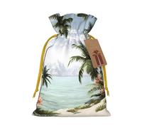 Burlap Santa Sack with Tags, Yellow Christmas Ribbon Holiday Gift Wrap Bag Reusable Drawstring Gift Bag Tropical Palm Trees Gift Wrapping Bags Personalized Christmas Sacks for Presents Medium