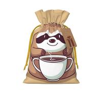 Burlap Santa Sack with Tags, Yellow Christmas Ribbon Holiday Gift Wrap Bag Reusable Drawstring Gift Bag Yoga Sloth Coffee Gift Wrapping Bags Personalized Christmas Sacks for Presents Medium