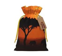 Burlap Santa Sack with Tags, Yellow Christmas Ribbon Holiday Gift Wrap Bag Reusable Drawstring Gift Bag Sunset African Savanna Gift Wrapping Bags Personalized Christmas Sacks for Presents Small