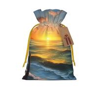 Burlap Santa Sack with Tags, Yellow Christmas Ribbon Holiday Gift Wrap Bag Reusable Drawstring Gift Bag Sunset Sea Gift Wrapping Bags Personalized Christmas Sacks for Presents Small