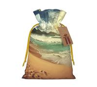 Burlap Santa Sack with Tags, Yellow Christmas Ribbon Holiday Gift Wrap Bag Reusable Drawstring Gift Bag Sunset on The Beach Gift Wrapping Bags Personalized Christmas Sacks for Presents Medium