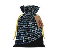 Burlap Santa Sack with Tags, Yellow Christmas Ribbon Holiday Gift Wrap Bag Reusable Drawstring Gift Bag Programmer Programming Code Gift Wrapping Bags Personalized Christmas Sacks for Presents Small