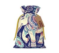 Burlap Santa Sack with Tags, Yellow Christmas Ribbon Holiday Gift Wrap Bag Reusable Drawstring Gift Bag Boho Elephant Gift Wrapping Bags Personalized Christmas Sacks for Presents Small