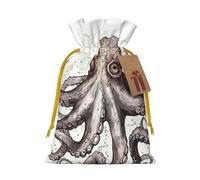 Burlap Santa Sack with Tags, Yellow Christmas Ribbon Holiday Gift Wrap Bag Reusable Drawstring Gift Bag Octopus Gift Wrapping Bags Personalized Christmas Sacks for Presents Medium