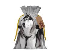 Burlap Santa Sack with Tags, Yellow Christmas Ribbon Holiday Gift Wrap Bag Reusable Drawstring Gift Bag Husky dogs snow Gift Wrapping Bags Personalized Christmas Sacks for Presents Small