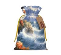 Burlap Santa Sack with Tags, Yellow Christmas Ribbon Holiday Gift Wrap Bag Reusable Drawstring Gift Bag Lighthouse Diamond Painting Gift Wrapping Bags Personalized Christmas Sacks for Presents Medium