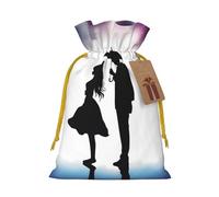 Burlap Santa Sack with Tags, Yellow Christmas Ribbon Holiday Gift Wrap Bag Reusable Drawstring Gift Bag Anime lovers silhouette Gift Wrapping Bags Personalized Christmas Sacks for Presents Medium