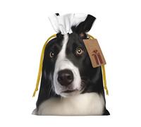 Burlap Santa Sack with Tags, Yellow Christmas Ribbon Holiday Gift Wrap Bag Reusable Drawstring Gift Bag Border Collie Gift Wrapping Bags Personalized Christmas Sacks for Presents Medium