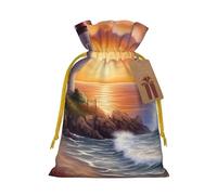 Burlap Santa Sack with Tags, Yellow Christmas Ribbon Holiday Gift Wrap Bag Reusable Drawstring Gift Bag Lighthouse at Sunset Gift Wrapping Bags Personalized Christmas Sacks for Presents Small