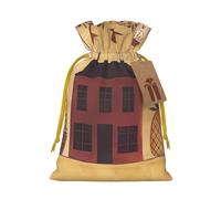 Burlap Santa Sack with Tags, Yellow Christmas Ribbon Holiday Gift Wrap Bag Reusable Drawstring Gift Bag Beige brown House and fruit Gift Wrapping Bags Personalized Christmas Sacks for Presents Small