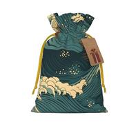 Burlap Santa Sack with Tags, Yellow Christmas Ribbon Holiday Gift Wrap Bag Reusable Drawstring Gift Bag Japan Wave Wallpapers Gift Wrapping Bags Personalized Christmas Sacks for Presents Small