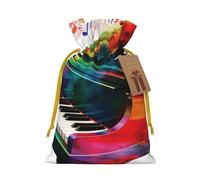 Burlap Santa Sack with Tags, Yellow Christmas Ribbon Holiday Gift Wrap Bag Reusable Drawstring Gift Bag Colorful Piano Keyboard Music Gift Wrapping Bags Personalized Christmas Sacks for Presents Small