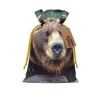 Burlap Santa Sack with Tags, Yellow Christmas Ribbon Holiday Gift Wrap Bag Reusable Drawstring Gift Bag Grizzly bear Gift Wrapping Bags Personalized Christmas Sacks for Presents Small
