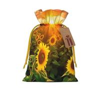 Burlap Santa Sack with Tags, Yellow Christmas Ribbon Holiday Gift Wrap Bag Reusable Drawstring Gift Bag Sunflower Field Sunset Gift Wrapping Bags Personalized Christmas Sacks for Presents Medium