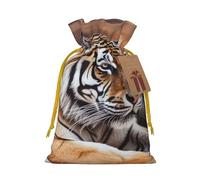 Burlap Santa Sack with Tags, Yellow Christmas Ribbon Holiday Gift Wrap Bag Reusable Drawstring Gift Bag Tiger Lying on Wood Gift Wrapping Bags Personalized Christmas Sacks for Presents Medium